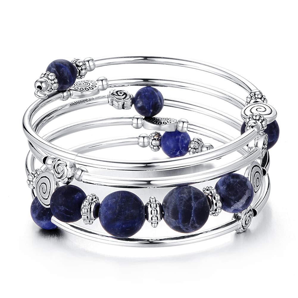 Bead Wrap Bangle Pearl Bracelet - Silver Metal Bracelet Gifts For Women(02-Navy blue)
