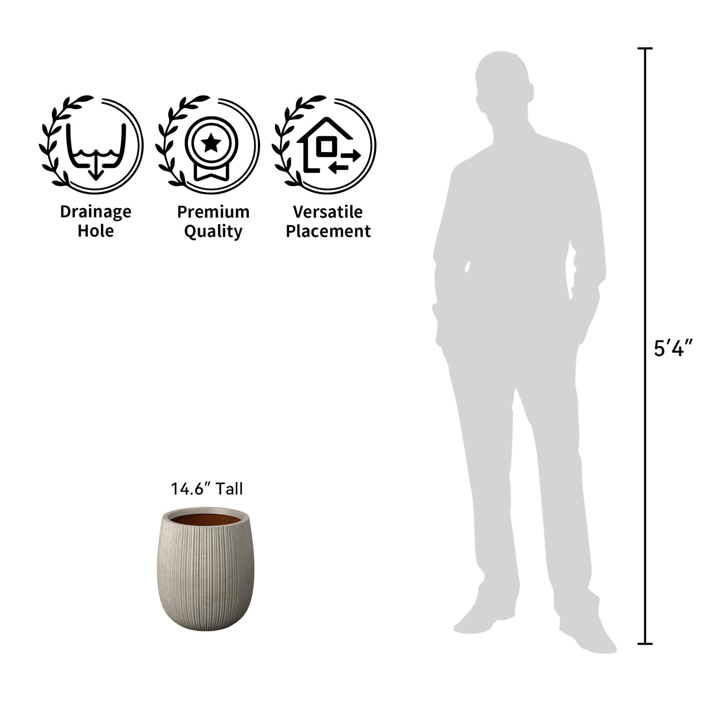 Kante 12.6" Dia x 14.6" H Round Concrete Planter, Streamlined Fluted Large Plant Pot with Drainage Hole and Rubber Plug for Home, Patio, Garden, Weathered Concrete Finish with Painted Interior