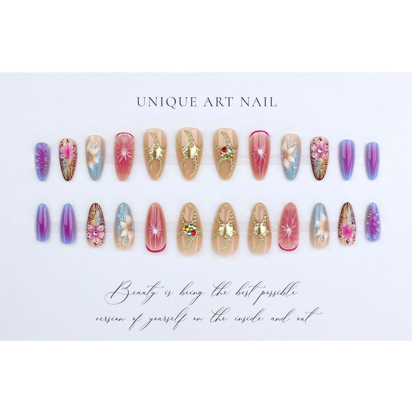 IMSOHOT Press on Nails Almond Medium Fake Nails - 3D Flowers, Golden Star, Rhinestone Designs, Glossy Full Cover Glue on Nails Acrylic Artificial False Nails for Women Manicure Decorations