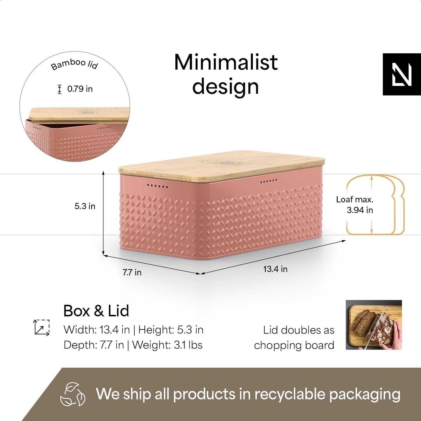 LARS NYSØM Bread Box I Metal Box for long lasting freshness I Bread Bin with bamboo lid usable as cutting board I 13.4x7.7x5.3In (Brick Red)