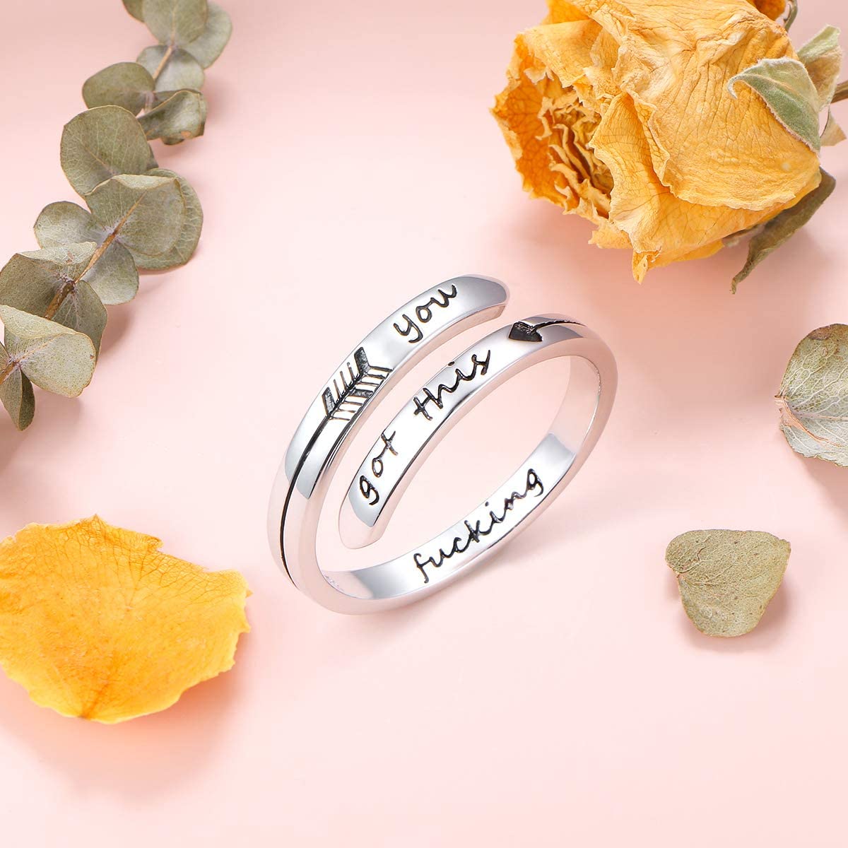 Ladytree Adjustable Inspirational Rings 925 Sterling Silver Stacking Wrap Spiral Twist Statement Band Encouragement Hope Ring Jewelry for Women Men(you got this)