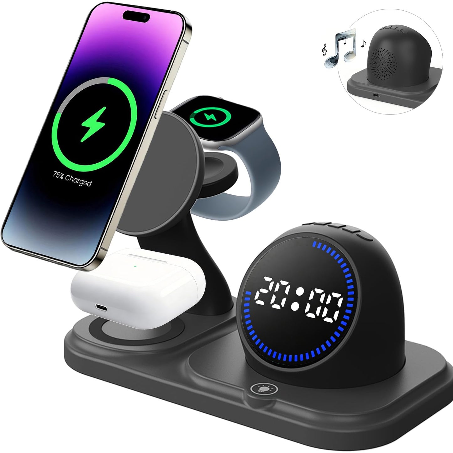 Wireless Charging Station with Clock,6-in-1 Charging Stand for Multiple Devices for iPhone 17 16 15 14 13 12 Pro Max, Apple Watch, Airpods, Bluetooth Speaker + RGB Light