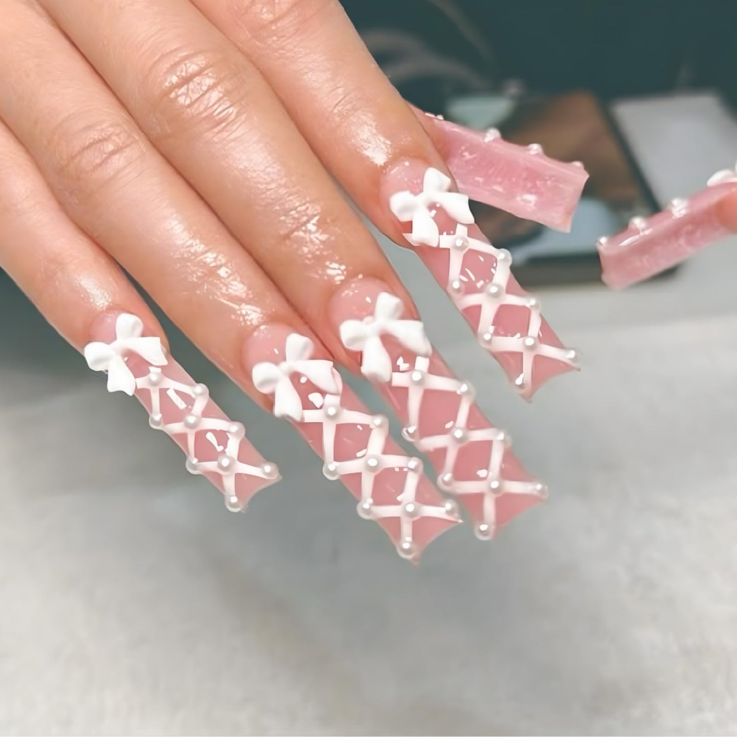 SEENEEY Long Press on Square Nails, 24pcs Pink Artificial Nails with White Bow Designs, Acrylic Material, Full Cover Nail, Press-On False Nails
