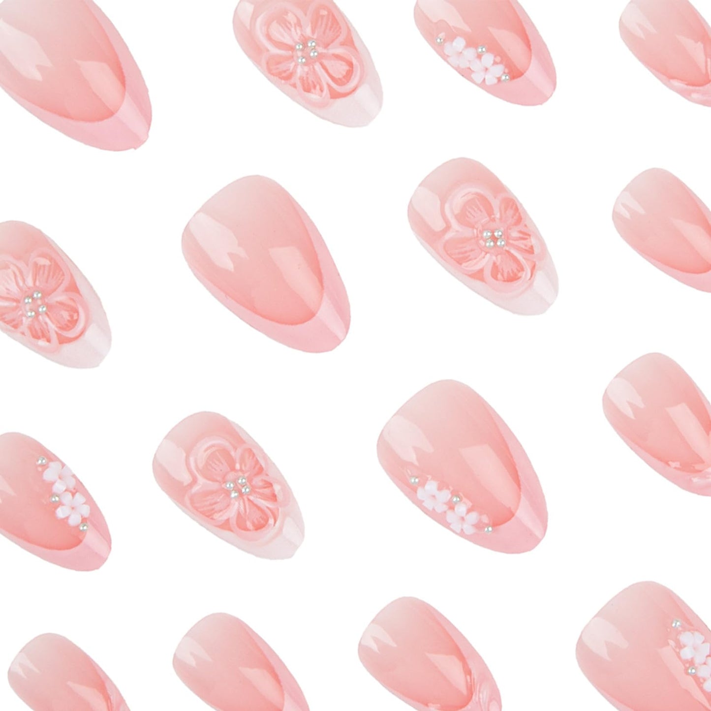 Spring Summer Press on Nails Almond Medium Fake Nails with Design Flower Stick on Nail Pink French Acrylic False Nail Cute Rhinestone Artificial Nail Glossy Full Cover Glue on Nails for Women