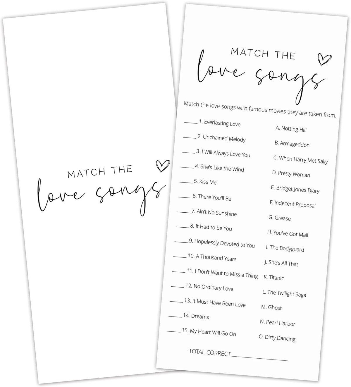 Bridal Shower Games, Match the Love Songs, 25Pcs 4x9in Minimalist White Double-Sided Bridal Game Cards with 1 Answer Key, Wedding Shower Games for Guests, Engagement Bachelorette Party Supplies - A02