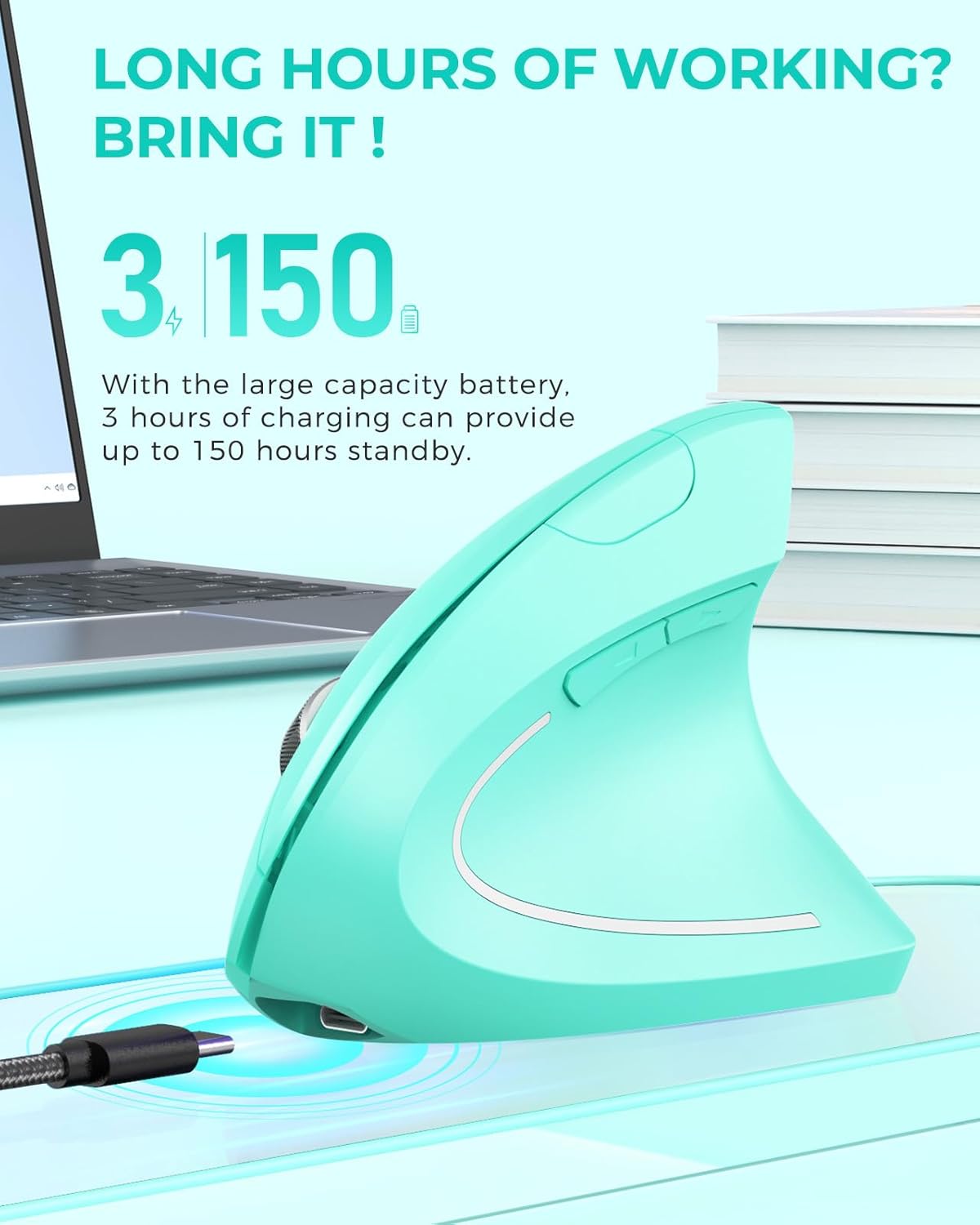 Lekvey Ergonomic Mouse, Vertical Wireless Mouse Rechargeable 2.4 GHz Optical Carpal Tunnel Mouse : 800/1200 / 1600 DPI, 6 Buttons, for Laptop, PC, Computer, Desktop, Notebook etc, Green