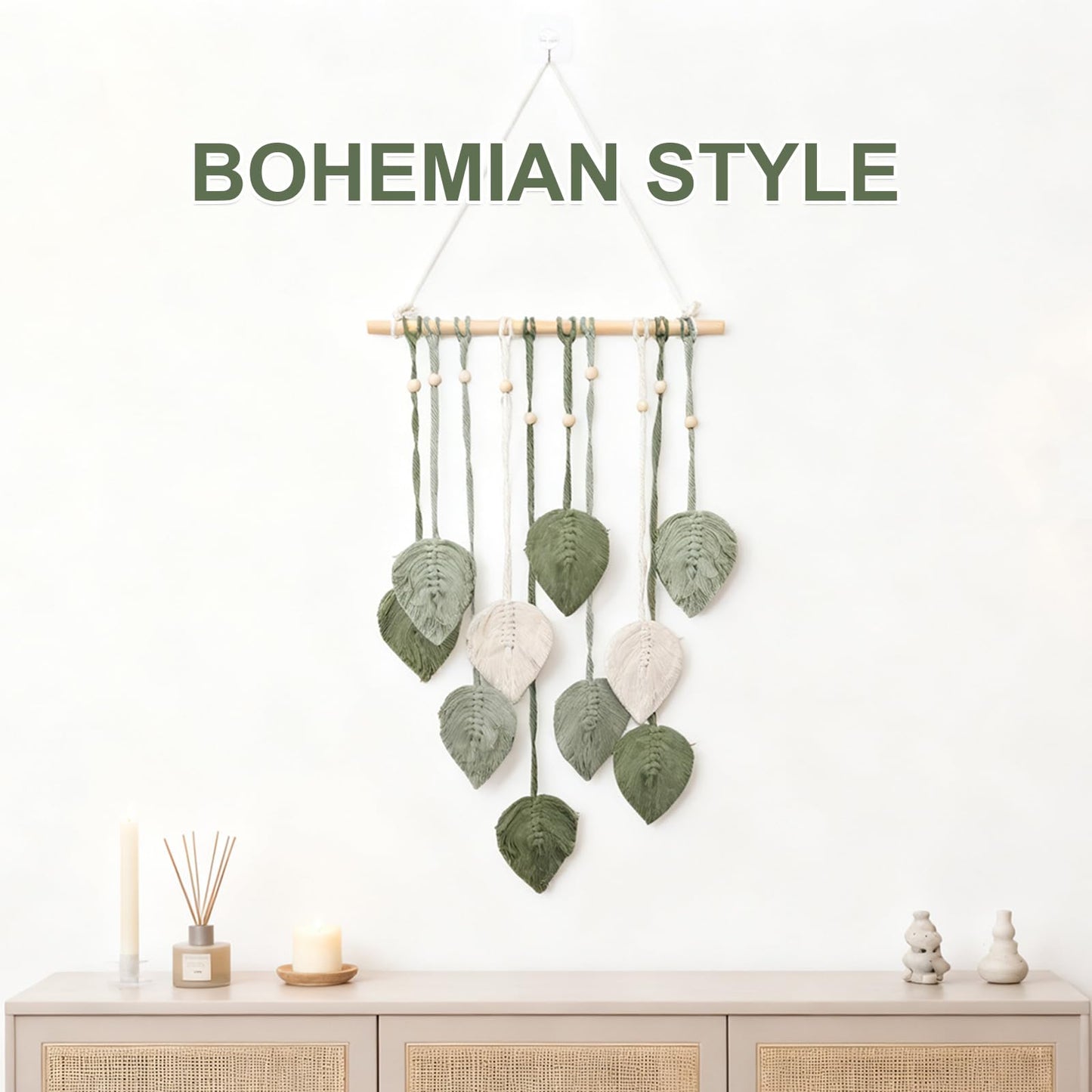 ZUDKSUY Boho Wall Hanging Decor, 16" x 35" Woven Leaves Tapestry with Feather & Yarn Tassels, Handmade Macrame Wall Art in Light Green for Living Room Bedroom Nursery