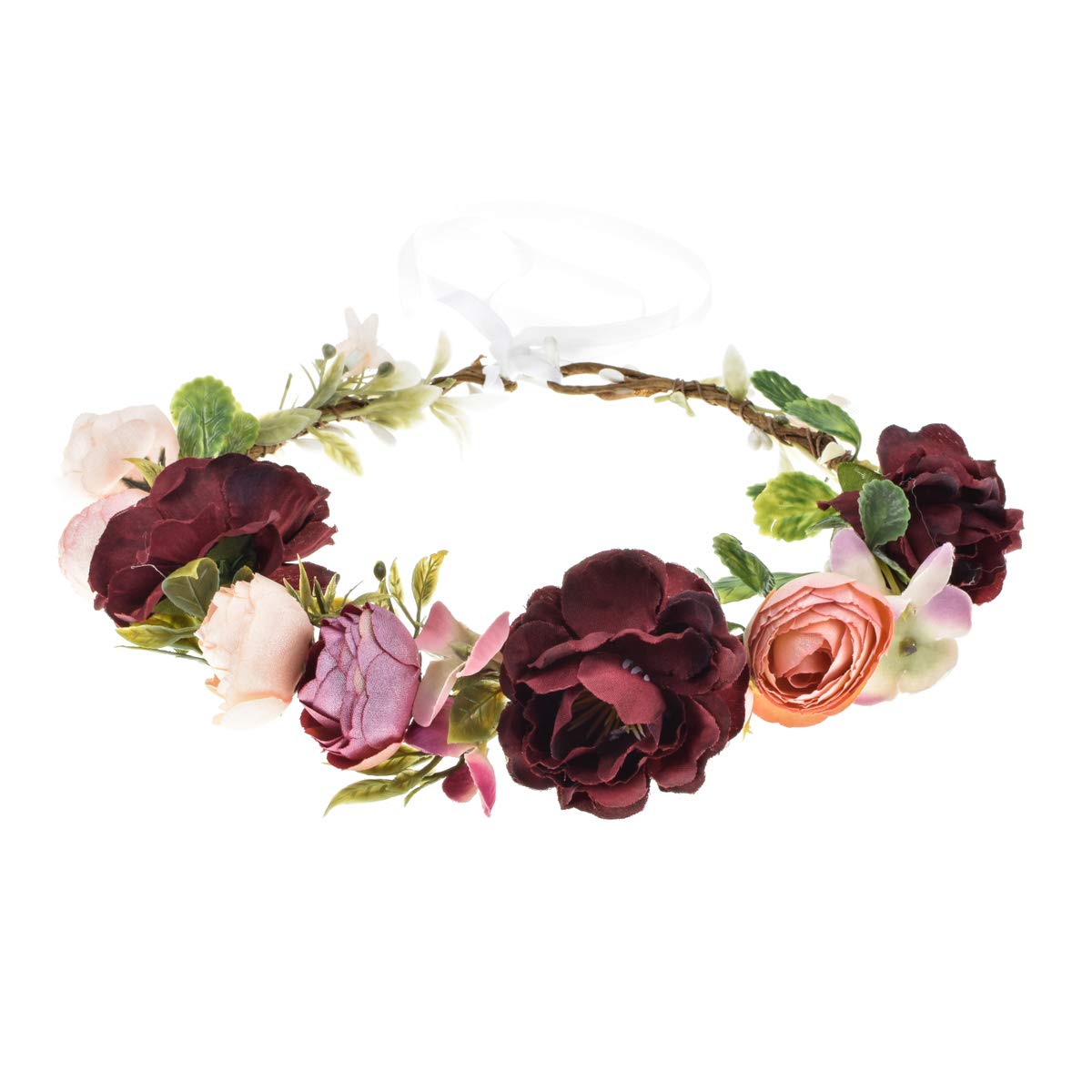 Vividsun Bridal Green Leaf flower Crown Eucalyptus Floral Headband Wedding Festivals Photo Props (Burgundy)