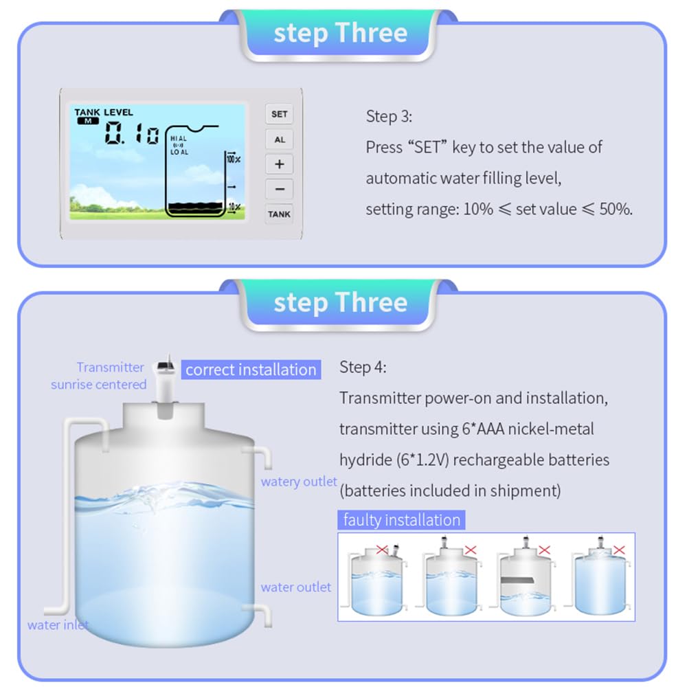 VISLONE Ultrasonic Water Level Monitor Tank Liquid Level High/Low Alarm Solar Powered Water Level Sensor Water Level Indicator Gauge IP65 Waterproof