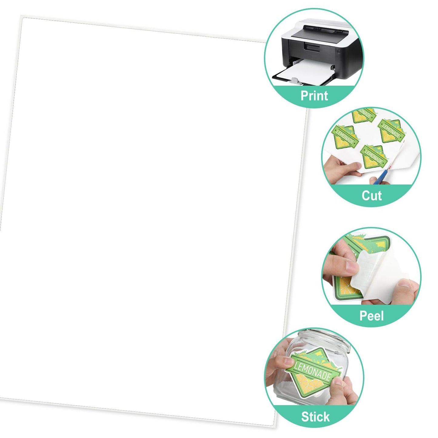 L LIKED 8.5x11 Printable White Sticker Paper Full Sheet Label, Matte, for Laser & Inkjet Printing (100 Sheets)