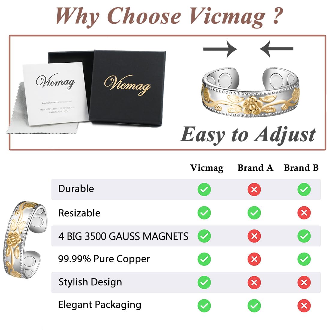 Vicmag Copper Magnetic for Women Men 100% Solid Pure Copper Adjustable with Gift Box (Gold and silver plum copper)