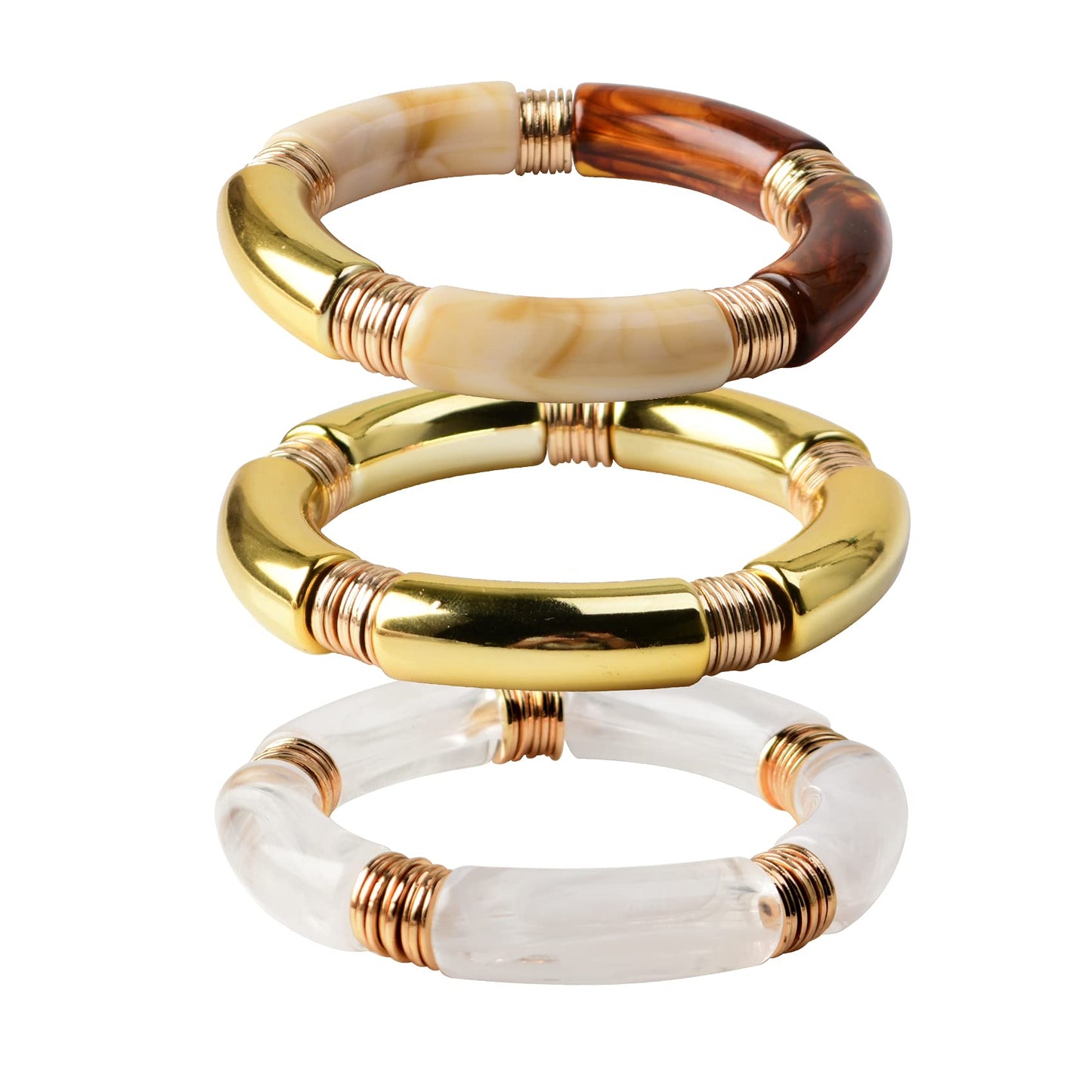 GOOJIDS Simple Beaded Gold Plated Bangles Bracelet Chunky Bamboo Tube Curved Stacking Clear Acrylic Colorful Beads Stretchable Gold Plated Bracelets Set For Women