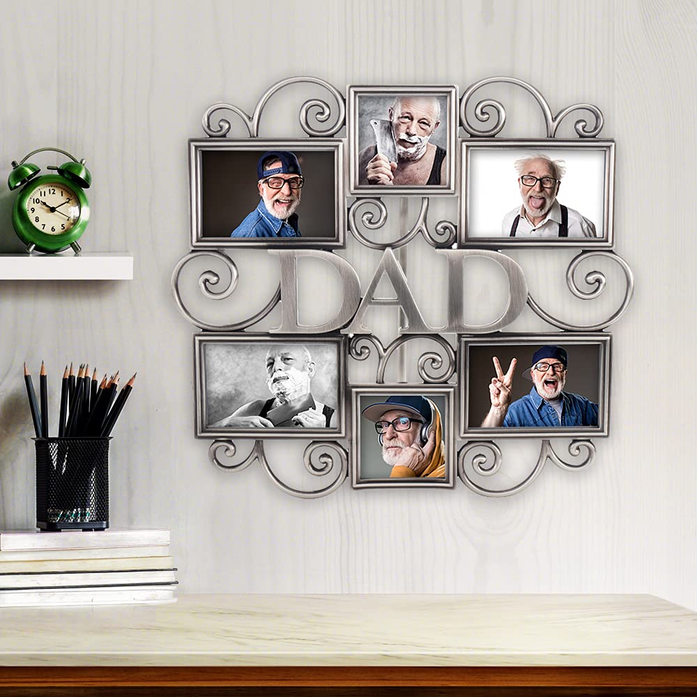 LASODY Dad Picture Frame,Cherish Every Memory,6 opening photo collage,Antique Silver,Father Day Giftsasody Fathers Day And Mothers Day Collage Picture Frame (3”X2“+2“x2", Dad)