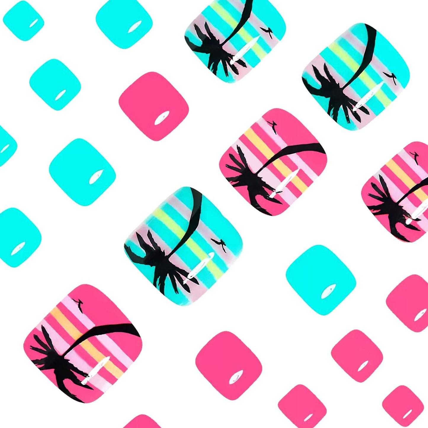 Summer Press on Toenails Pink Green Fake Toe nails with Black Coconut Tree White Yellow Grey Lines Design Glossy Short Square Toe nails Press ons Acrylic Stick on Toenails for Women 24Pcs