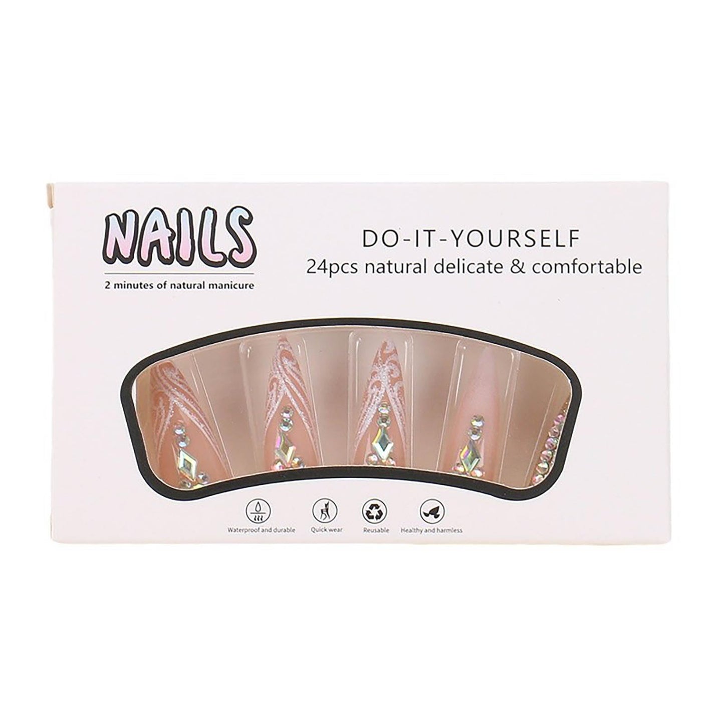 RUOKEXIN Long Press on Nails Stiletto Shaped Fake Nails Handmade False Nails with Rhinestones Designs White Ombre Glue on Nails Glitter Artificial Nails Luxury Stick on Nails for Women 24Pcs