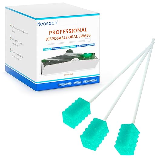 Oral Swabs Disposable 200 Count – Longer Handle Medical-Grade Mouth Sponge Swabs – Individually Wrapped, Latex-Free, Non-Abrasive Mouth Swabs for Elderly, Home & Hospital Use (Aqua)