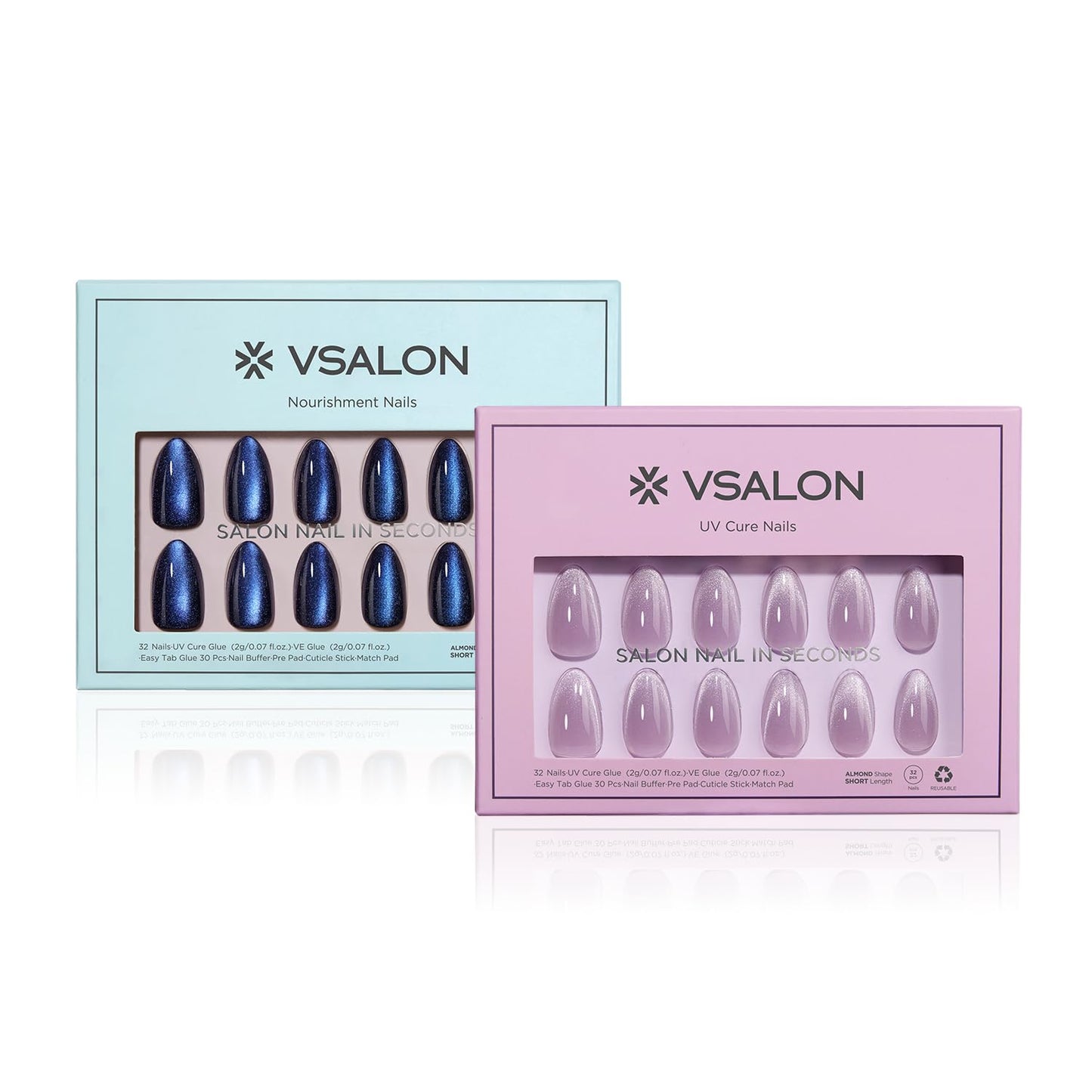 Vsalon Press On Nails Short Almond, Purple Cat Eye French Tip & Blue Cat Eye Chrome Fake Press On Nails Kit