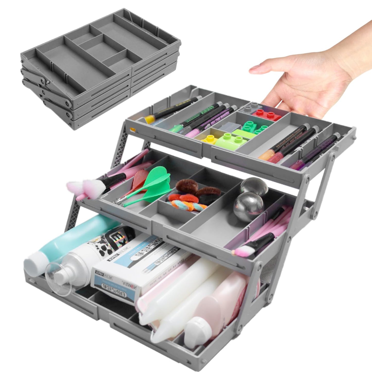 Abnaok 3 Tier Drawer Organizer Multi Level Collapsible Expandable Desk Organizer Trays for Office Supplies, Kitchen Gadgets Utensils, Vanity, Makeup, Jewelry