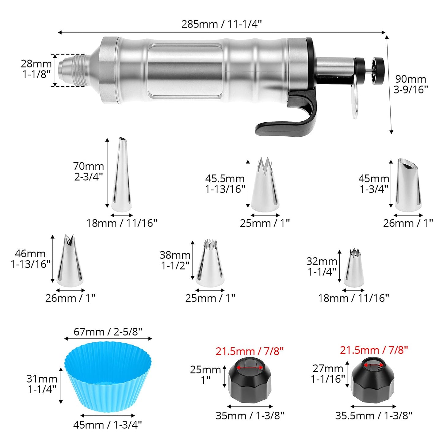 QWORK Dessert Decorating Syringe Set, 304 Stainless Steel Frosting Icing Piping Kit with 6 Replaceable Tips and 8 Silicone Cupcakes - Ideal for Cakes, Cupcakes, Cookies
