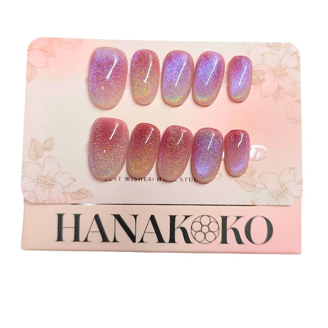 HANAKOKO Handmade 3D Press on Nails, Short Medium Oval Almond Nails, Fake Nails Glitter Cat Eye Nails, Gel Nails, Durable Reusable False Nails, 10 Pcs (Dream Dazzle, M)