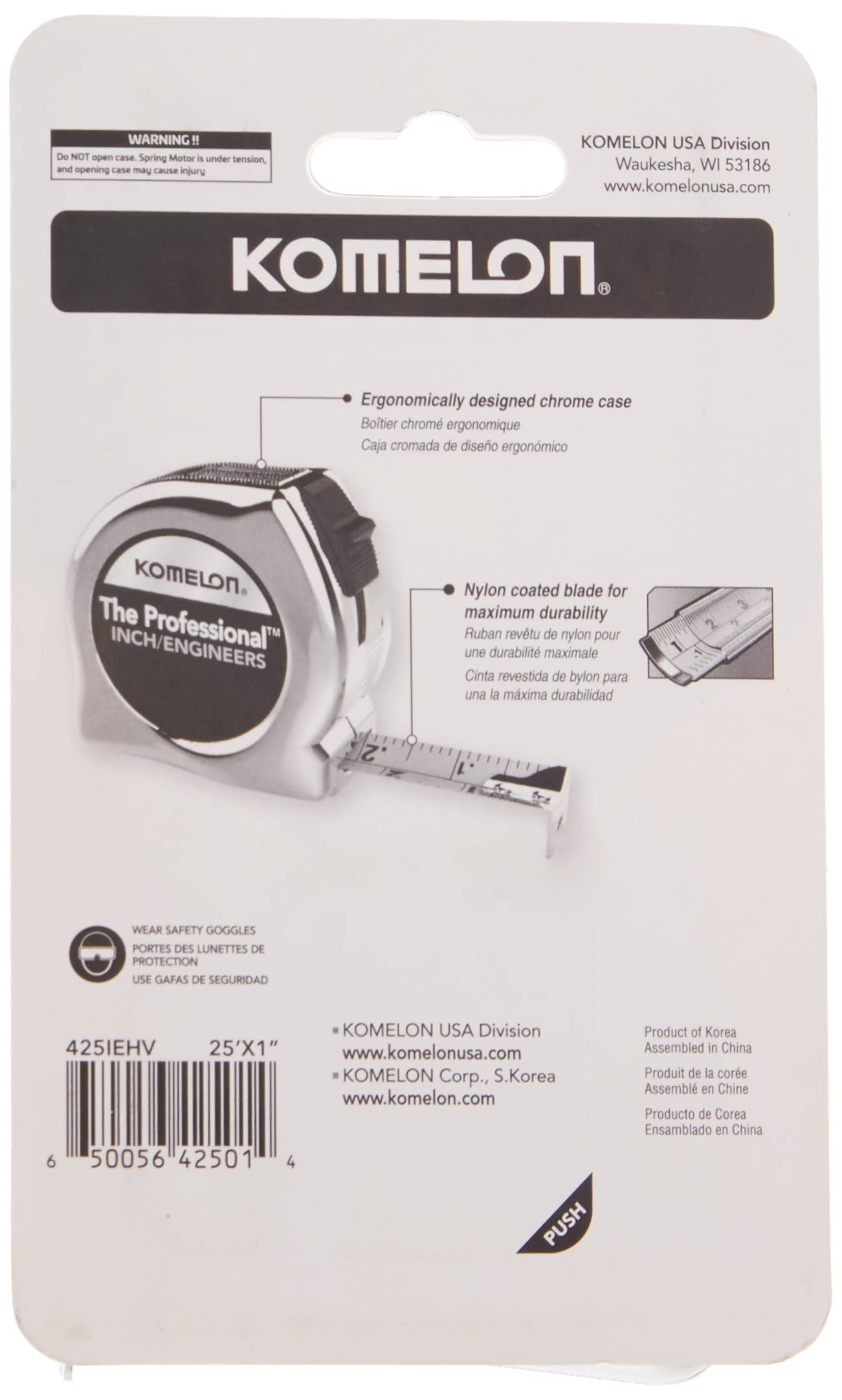 Komelon 425IEHV High-Visibility Professional Tape Measure Bother Inch and Engineer Scale Printed 25-Feet by 1-Inch, Chrome