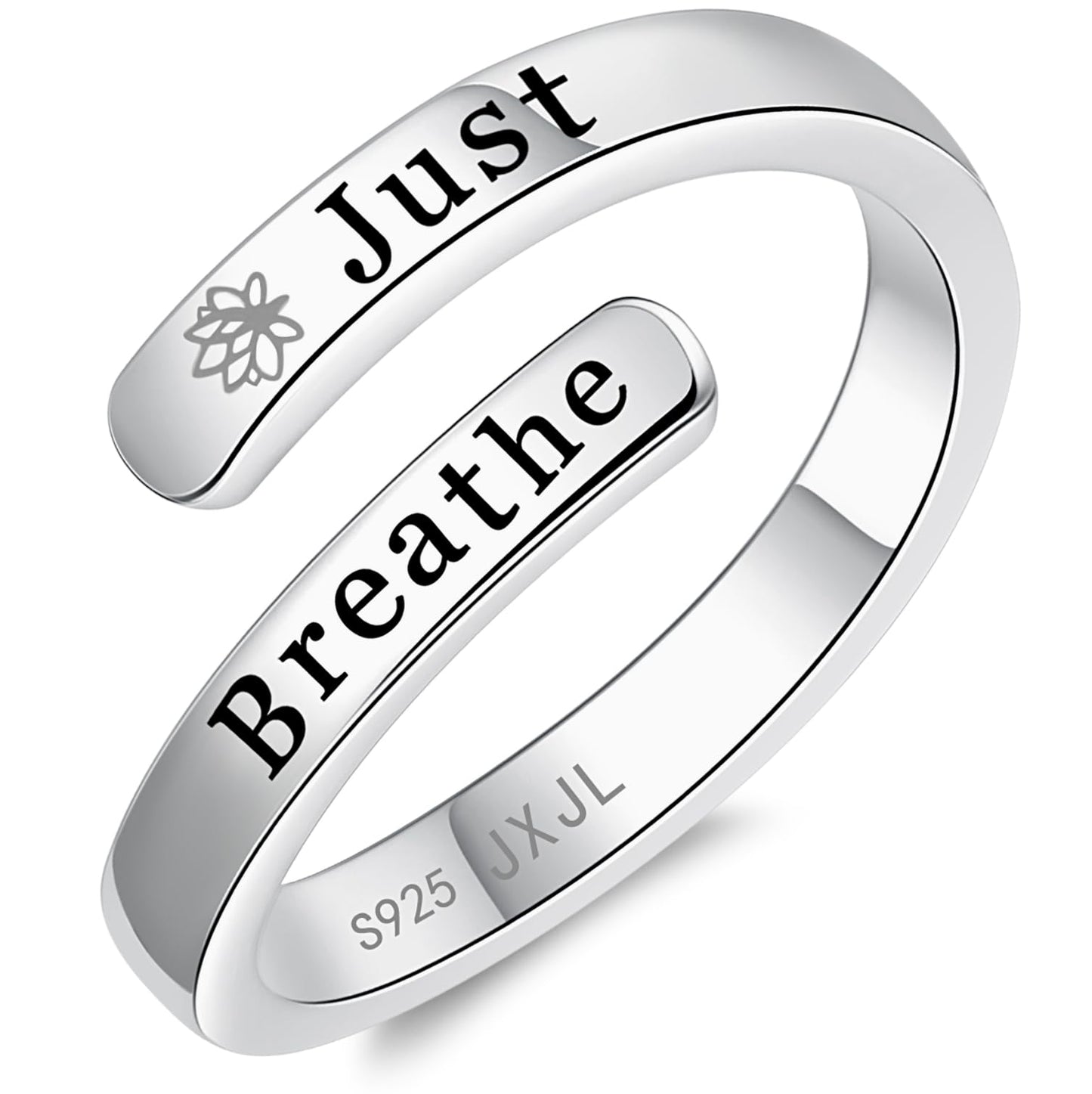 Silver Adjustable Ring Inspirational Jewelry S925 Sterling Wrap Open Ring for Women (Just Breathe)