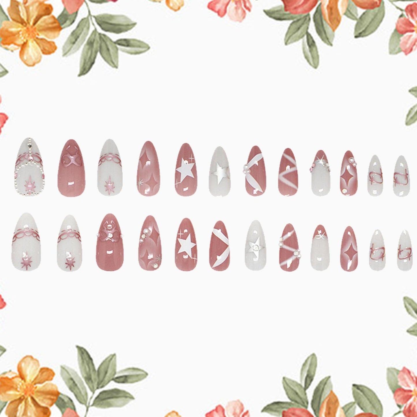TBRZTR 24Pcs Press on Nails Medium Almond Artificial Acrylic False Nails French 3D Star Bow with Rhinestones Pearl Stick on Nail Full Cover Reusable Coffin Artificial Fingernails for Women Manicure