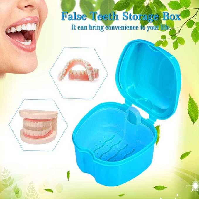 Denture Bath Box Cup, Complete Clean Care for Dentures, Clear Braces, Mouth Guard, Night Guard & Retainers, Traveling (Navy Blue & Blue)