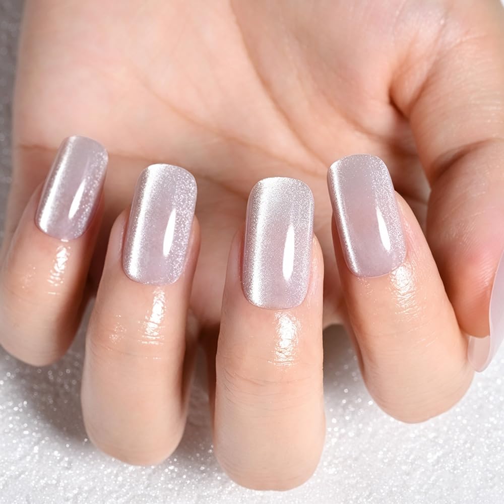 evpct Pearl Cat Eye Press on Nails Square Medium for Women, Pearl White Medium Square No Glue Stick on Nails with Cat Eye Design, Holographic Glossy Soft Nail, Reusable Press on Acrylic Fake Nail