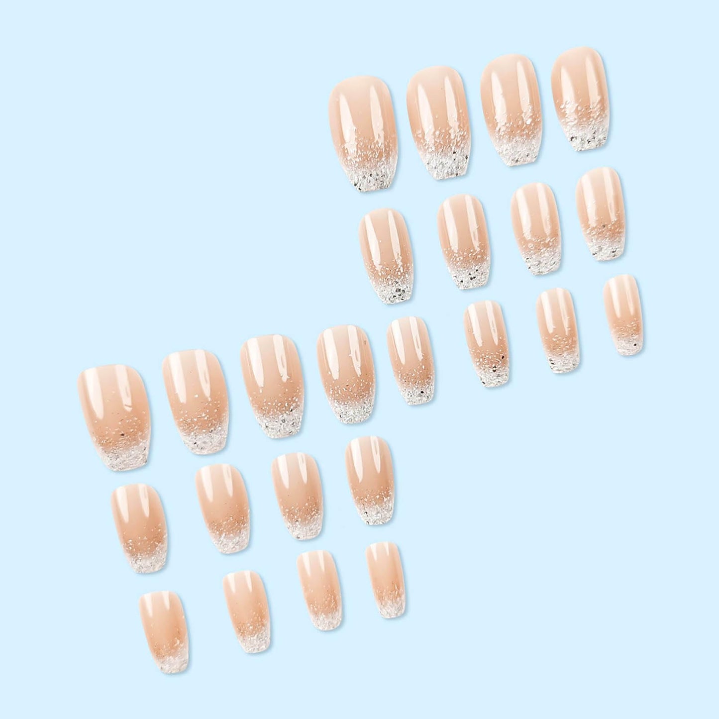 RUOKEXIN Coffin Press On Nails Medium Ballet Shaped White Ombre False Glue-on Nails - 24pcs with Glitter Designs