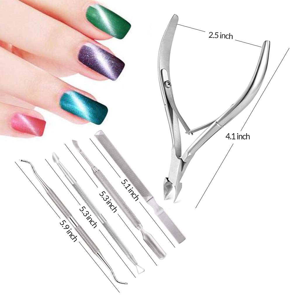 5PCS Cuticle Nipper and Pusher Set Stainless Steel Cuticle Trimmer Durable Cutter Dead Skin Clipper Manicure Pedicure Tools-Silver