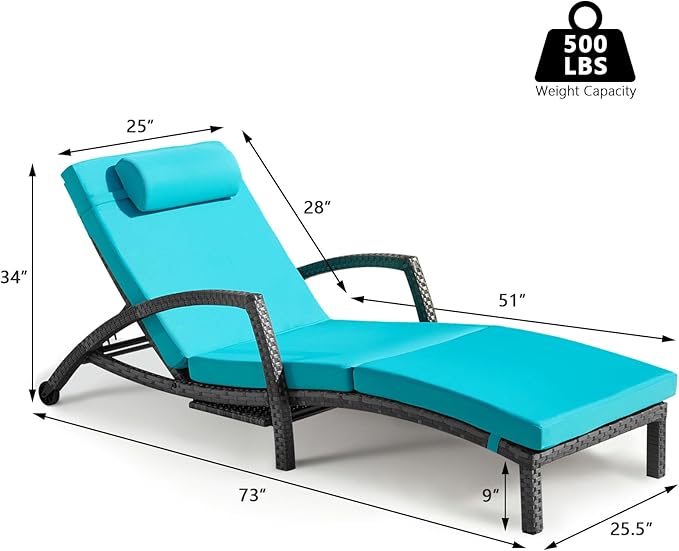 Chaise Lounge Chairs Outdoor Comfy Outside Wicker Patio Pool Lounge Chair w/ 5 Adjustable Back Angle Cup Holder Thicken Cushion