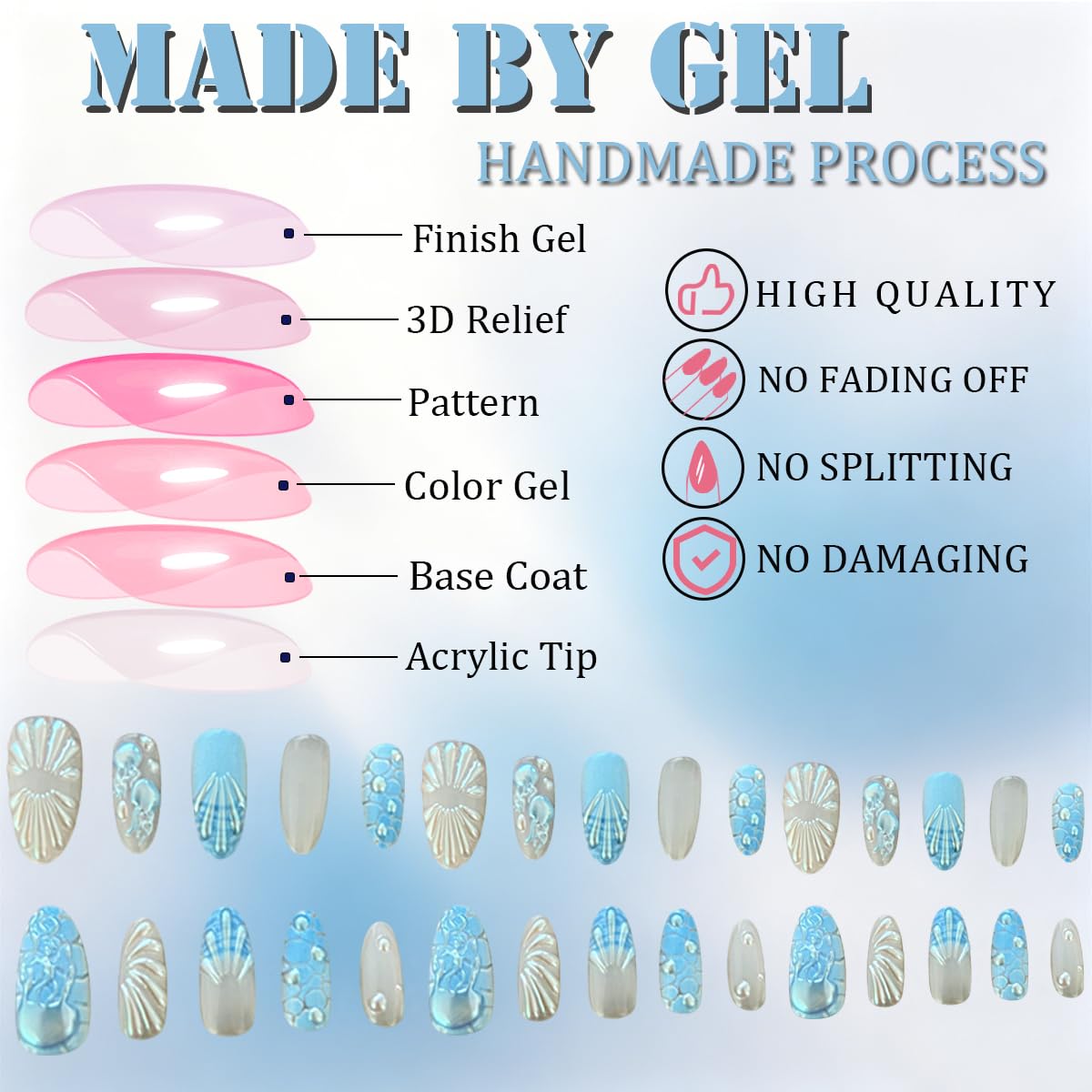 3D Press On Nails Almond Medium Light Blue Fake Nails with Embossed Fan-Shaped Pattern Pearl Embellishment Designs, Acrylic Artificial Nail Press ons False Stick On Nails for Women Girls 30Pcs