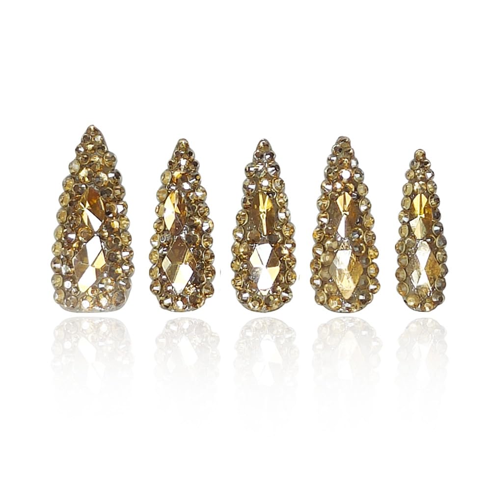 GGddsha 2025 New Full Diamond Medium Almond Press on Nails Reusable PMMA Acrylic Handmade Nails Full Deluxe 3D Crystal Fake Nails w/Box Gift for Women (Gold, Medium)