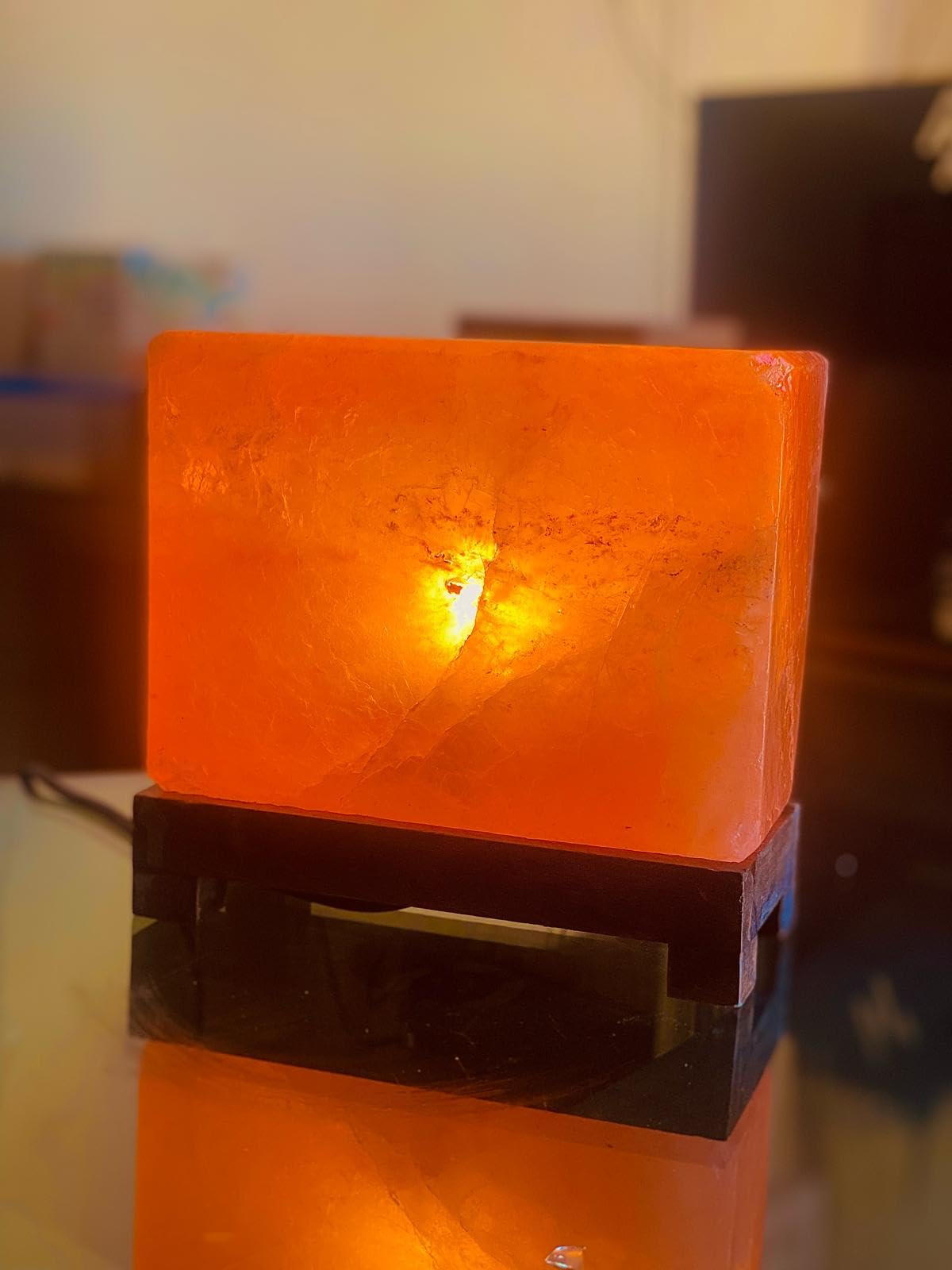 Himalayan Pink Salt Lamp 6.5 x 7.5 x 4 Inches – Natural Rectangular Crystal Rock Salt Lamp with Wooden Base, Dimmer Switch & 2 Bulbs – Soothing Amber Night Light for Home & Office