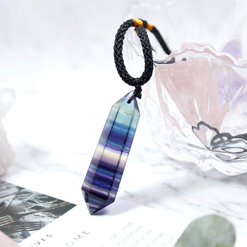 Runyangshi Rainbow Fluorite Healing Crystal Pendants, Double Pointed Natural Crystal Quartz Necklace 6 Faceted Chakra Crystal Wand Stone