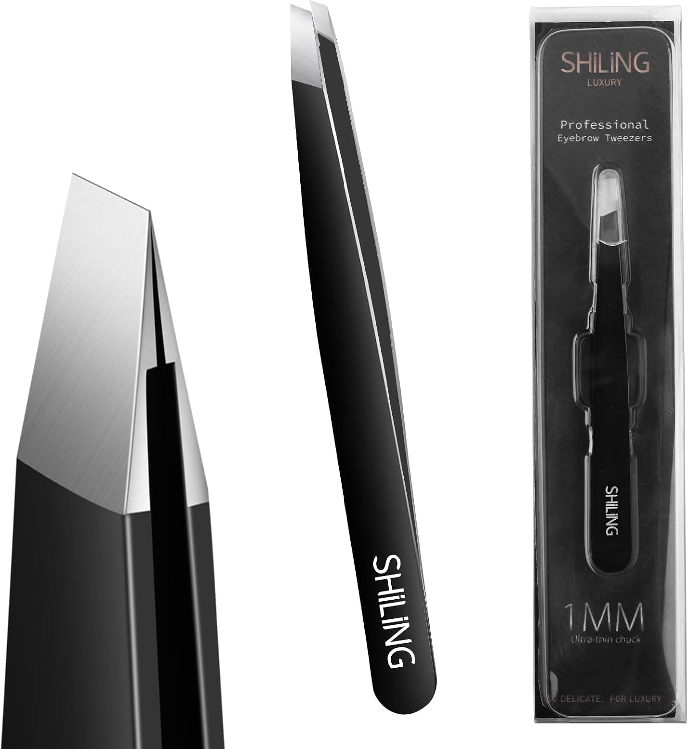 Shiling Professional Eyebrow Tweezers for Women and Men, Black Stainless Steel Slant Tip, 1mm Ultra-Thin Precision Tip, Anti-Rust, Facial Hair Removal Tool