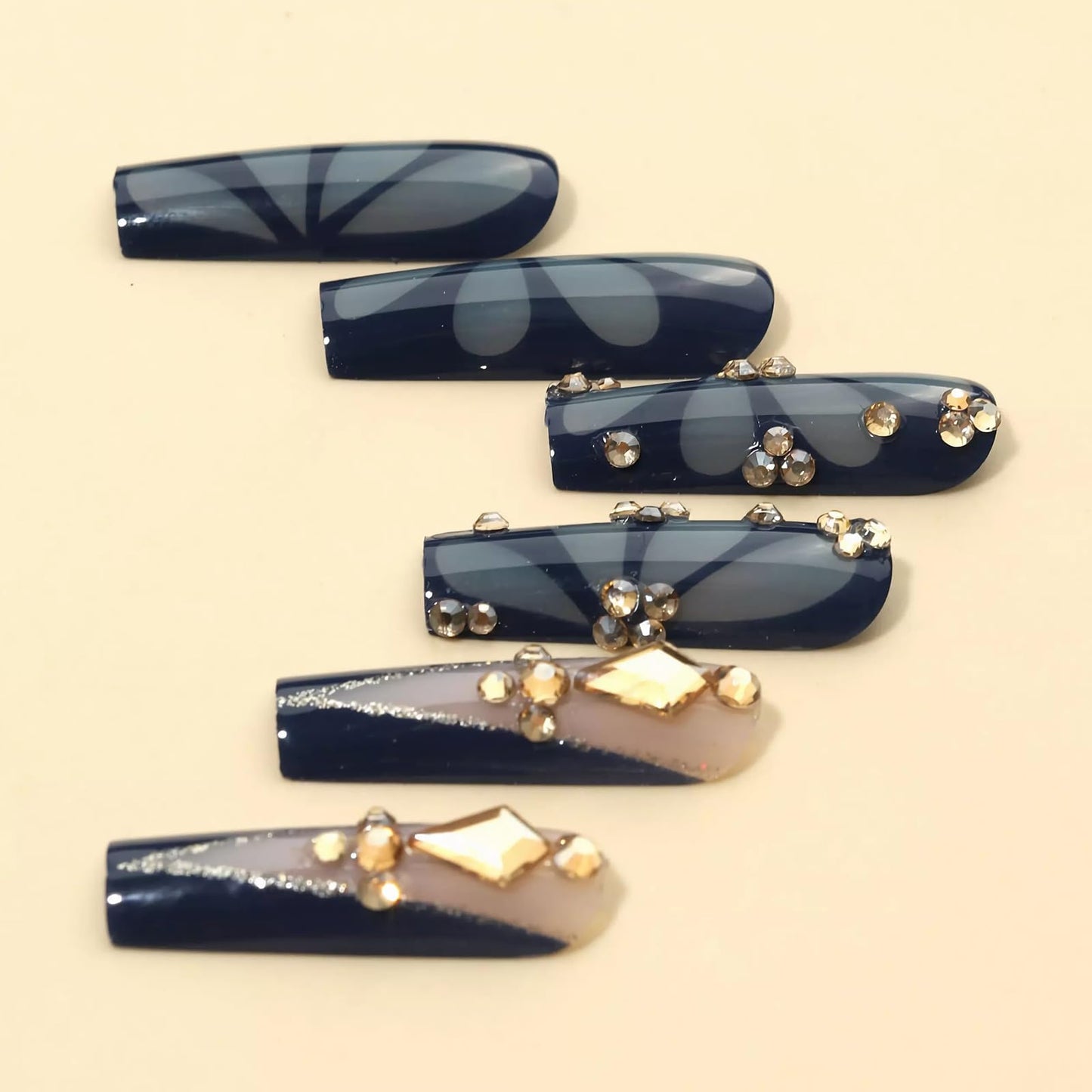 MISUD Press on Nails - Long Square Fake Nails with Navy Blue, Acrylic Butterfly Rhinestone Design 24 pcs