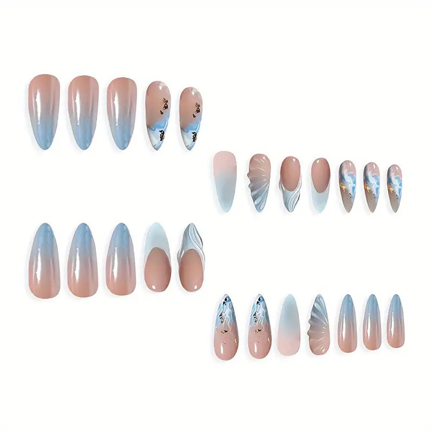 RUOKEXIN Almond Press on Nails French Tip Fake Nails Medium Length False Nails with Blue 3D Designs Spring Summer Nail Press ons Glossy Artificial Nails for Women 24Pcs