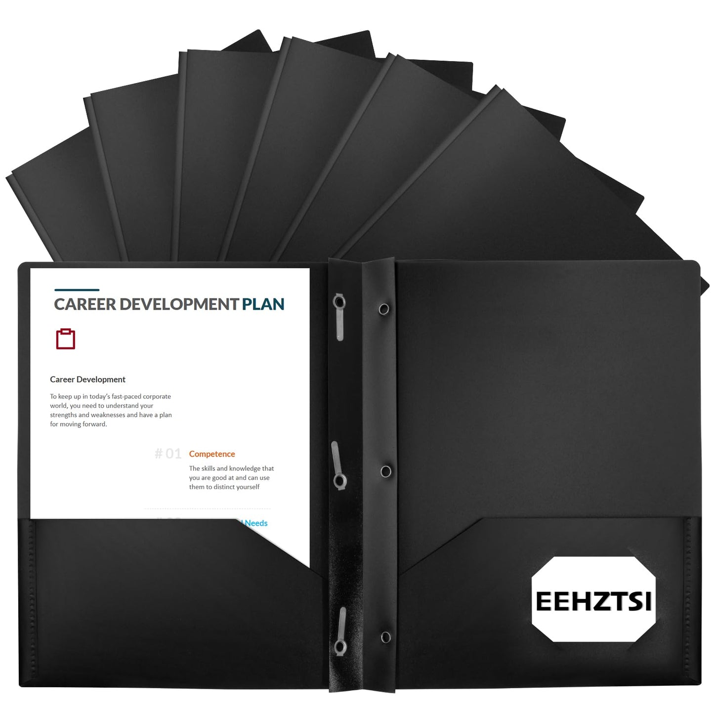 EEHZTSI 12-Pack Plastic Folders with Pockets and Prongs, 2-Pocket Poly Folders with 3 Fasteners Hold 8-1/2" x 11" Paper for School/Office/Home, Black