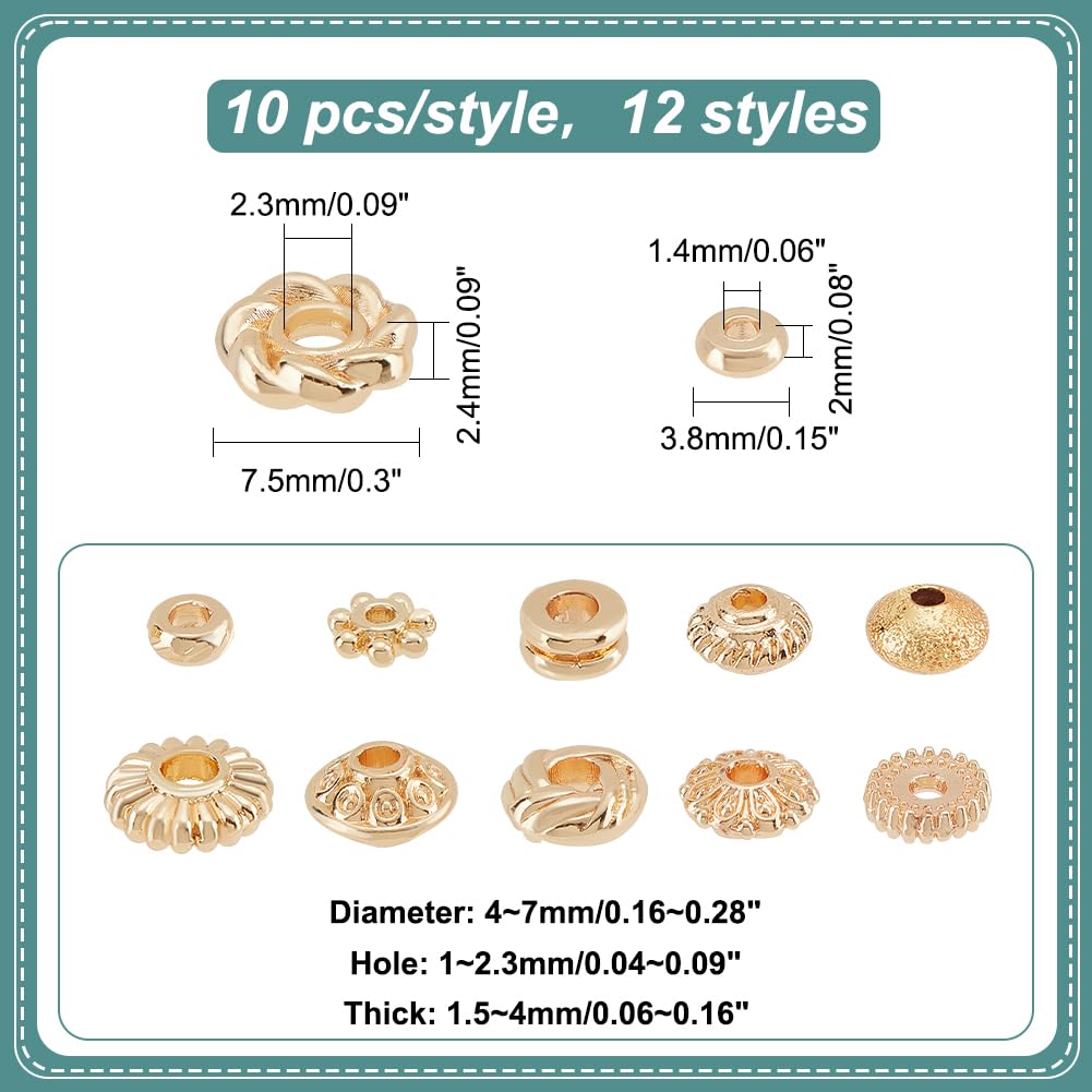 PH PandaHall 120Pcs 14K Gold Spacer Beads, 12 Style Alloy Brass Spacer Beads Gold Flat Bead Flower Cylindrical Bead for Jewelry Making Stackable Bracelet Necklace Earring