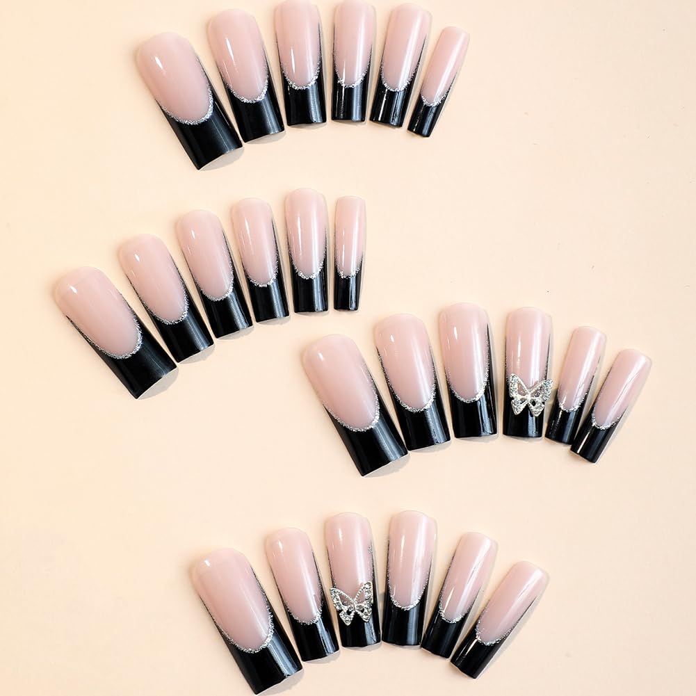 RUPOFUZA Extra Long Press on Fake Nails Black French Tip 24Pcs Square with Butterfly Nail Charms Designs Acrylic Press ons Artificial Stick on False Nails for Women