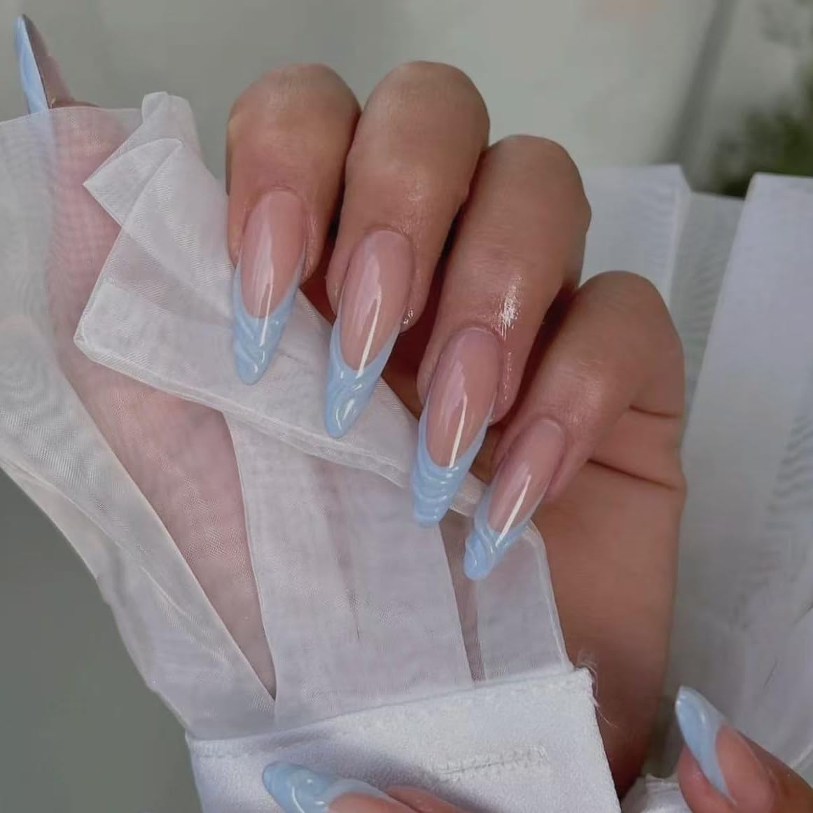 Handmade French Tip Press on Nails Medium Almond Fake Nails with Designs Blue French Tip False Nails Press ons on Nails for Women Manicure 10pcs (MT-120-S)
