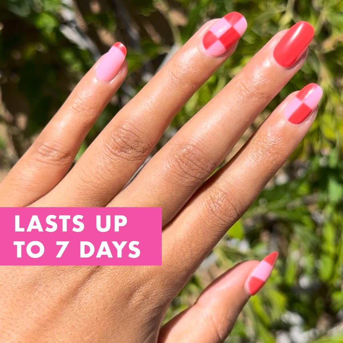 Olive & June Classic Super Stick Mani Press On Nails | No Glue Needed | 32 Tab Nails 16 Sizes | Non-Toxic Tabs Easy On-Off Non-Damaging Realist Look | 7-Day Wear | Short, Round |Pink Checker Party