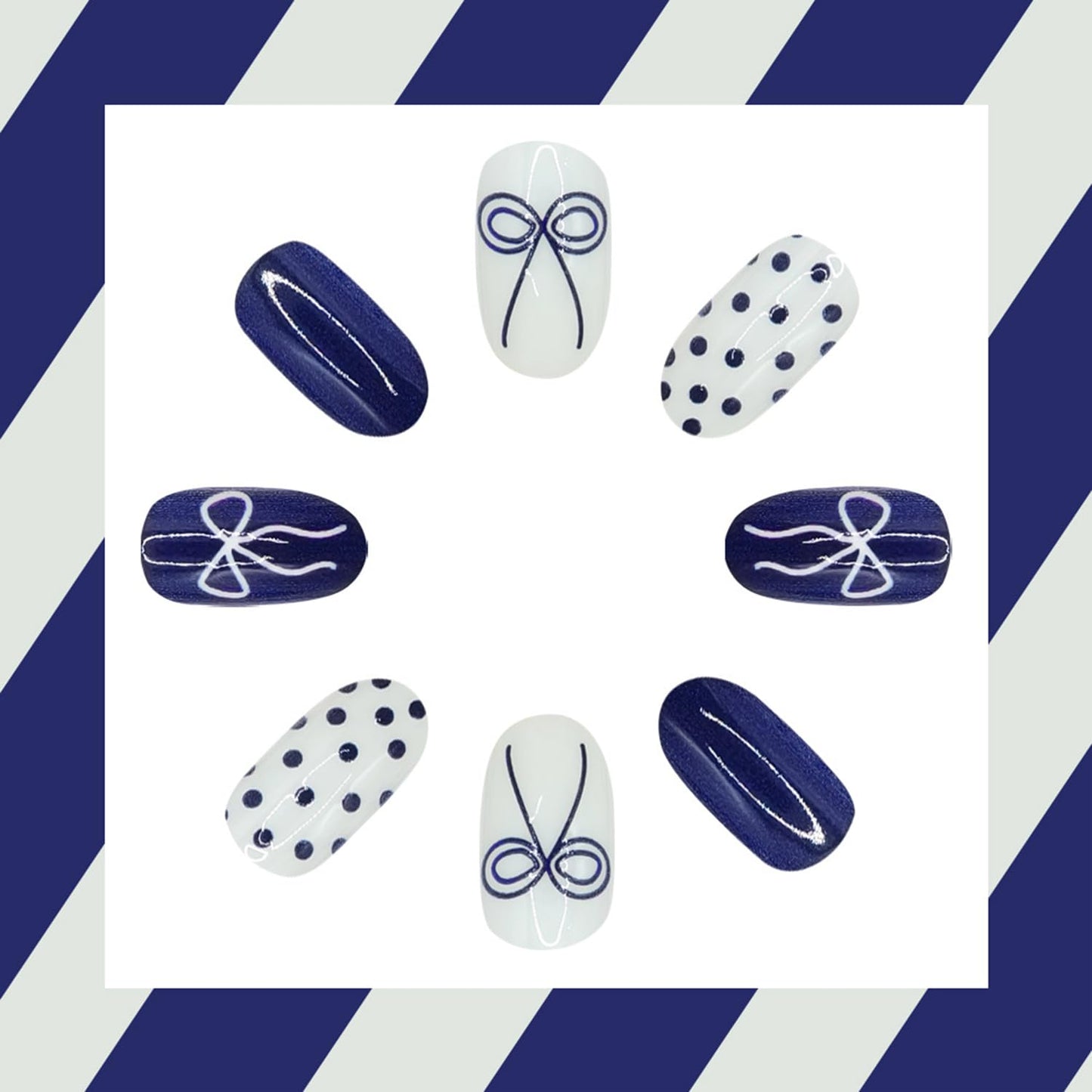 Short Press on Nails Almond Fake Nails with White Bow Designs Polka Dot Nails Press ons Blue Full Cover False Nails Spring Summer Acrylic Nails Glossy Reusable Glue on Nails for Women Daily