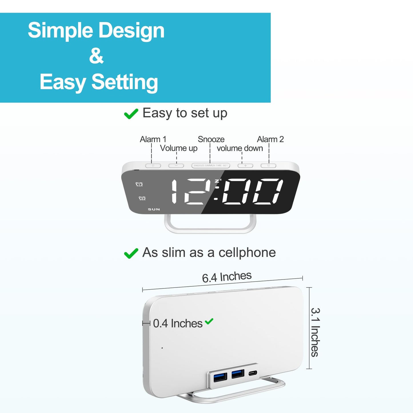 Slim LED Digital Alarm Clock, Mirror Surface for Makeup, with Diming, Large Display, Easy Setting, USB Charger Ports, Modern Bedroom, Desk, Office Living Room Decor, Christmas Birthday for Women Girl