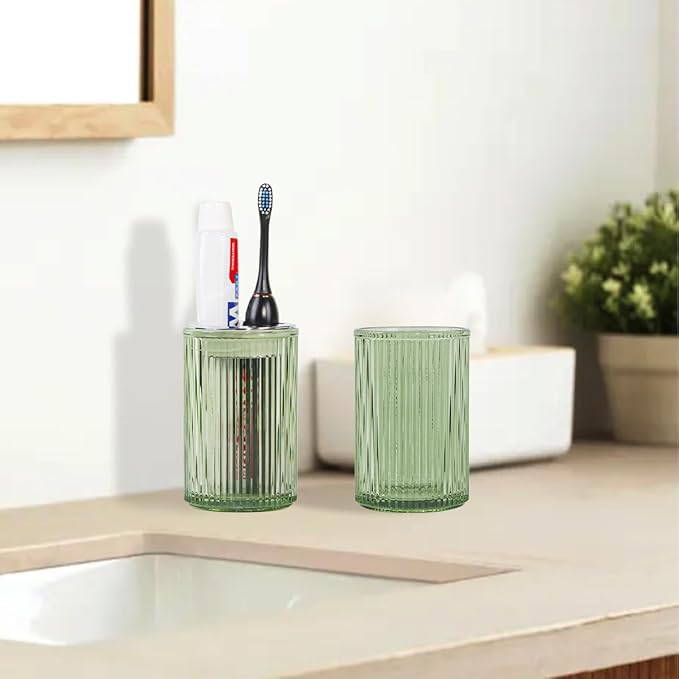 Green Toothbrush Holders for Bathrooms, 2pcs Glass Toothbrush Holder and 12oz Bathroom Tumbler Cup Set, Silver Tooth Brush and Toothpaste Organizer for Bathroom Vanity Countertop