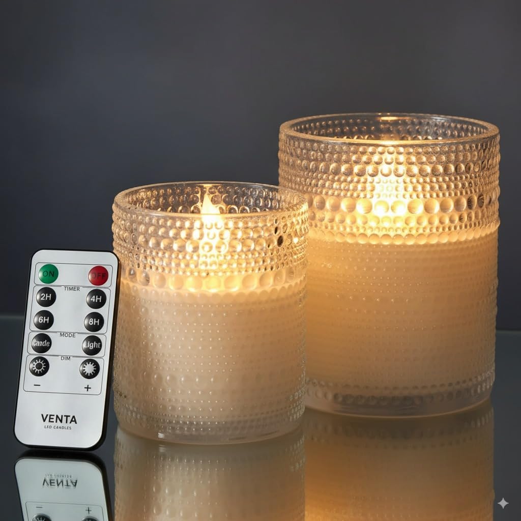 VENTA Realistic Glow Flameless Candles | Decorative Set of 2 in White Dotted Glass with Remote & Timer | Decorative Table Lamp