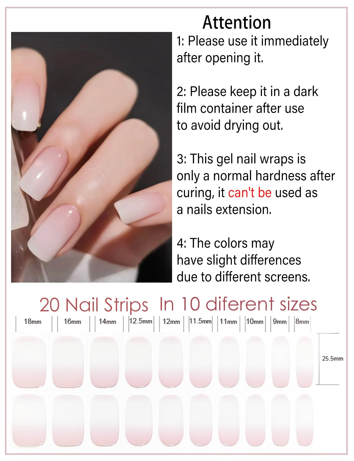 Semi Cured Gel Nail Strips, Pink Ombre, 20pcs Gel Nail Stickers Work with UV, Easy to Use and Remove
