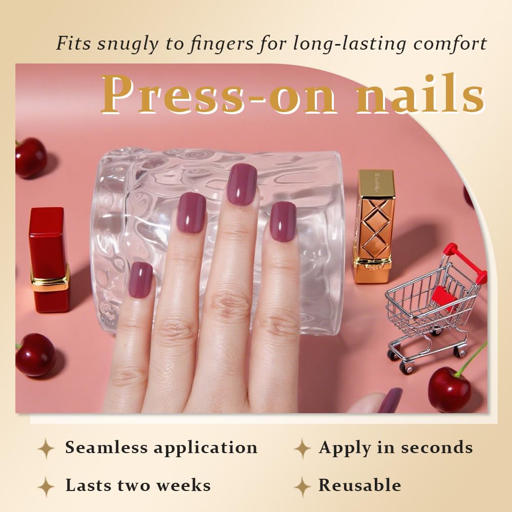 evpct Maroon Glossy Press on Nails Short Square No Glue, Glossy Maroon Fake Nails Summer Reusable, Acrylic False Nail Stick on Press ons for Women Gift, Perfectly Fit Durable False Nail Kit 30Pcs